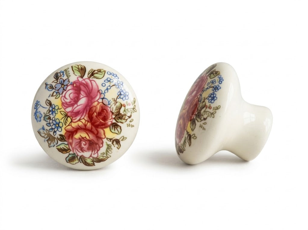Porslinsknopp 31mm med blommotiv